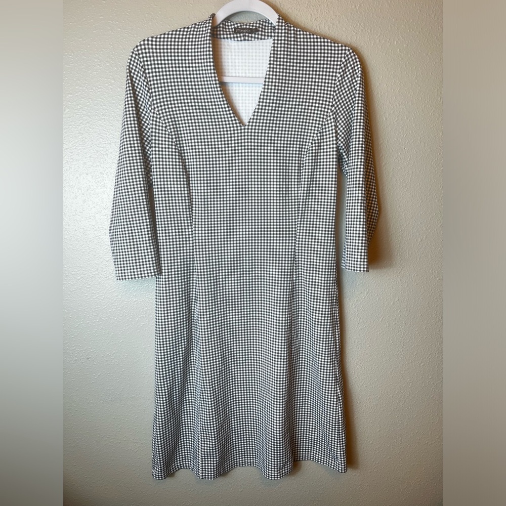 J. McLaughlin Black/White Gingham Sheath Dress 3/4 Sleeve Stretch Catalina Sz S